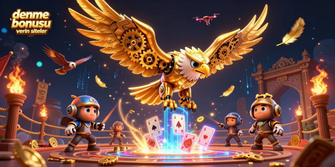 Engage with deneme bonusu veren siteler through a vibrant 3D casino scene featuring a golden eagle.