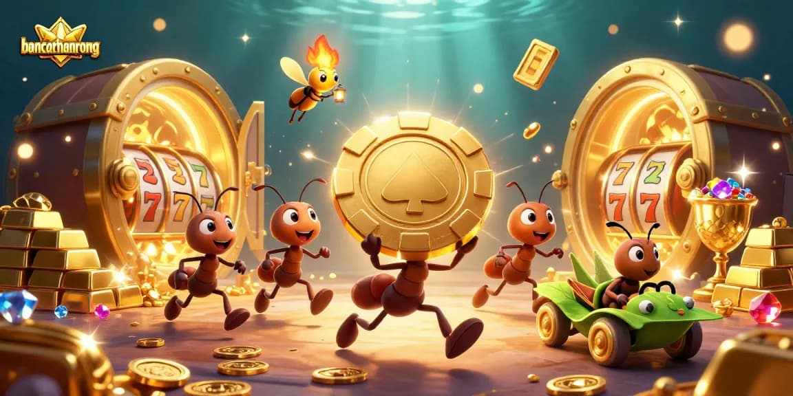 Bancathanrong's animated heist showcases ants winning a giant poker chip amidst slot machines and treasure.