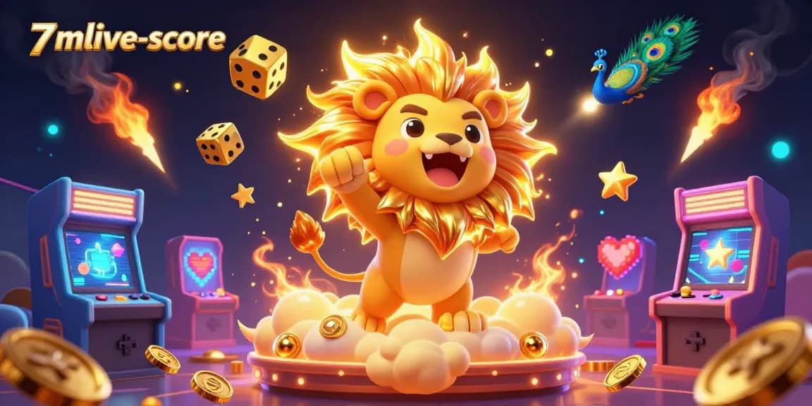 Engage with thrilling gaming visuals at 7mlive-score featuring a roaring lion, dazzling dice, and vibrant game elements.