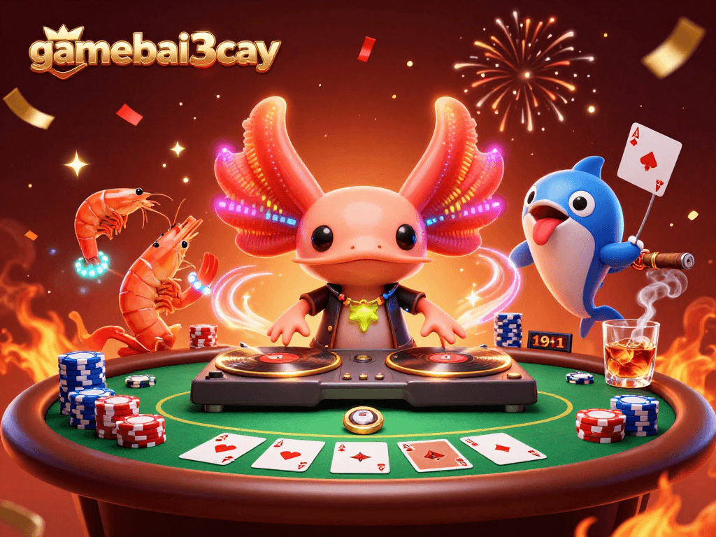 Experience gamebai3cay's vibrant casino world with a glowing DJ axolotl and lively characters.
