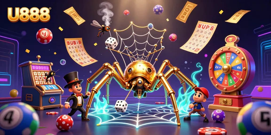 Experience thrilling games at U888 with a cartoon steampunk spider catching dice amidst vibrant lottery elements.