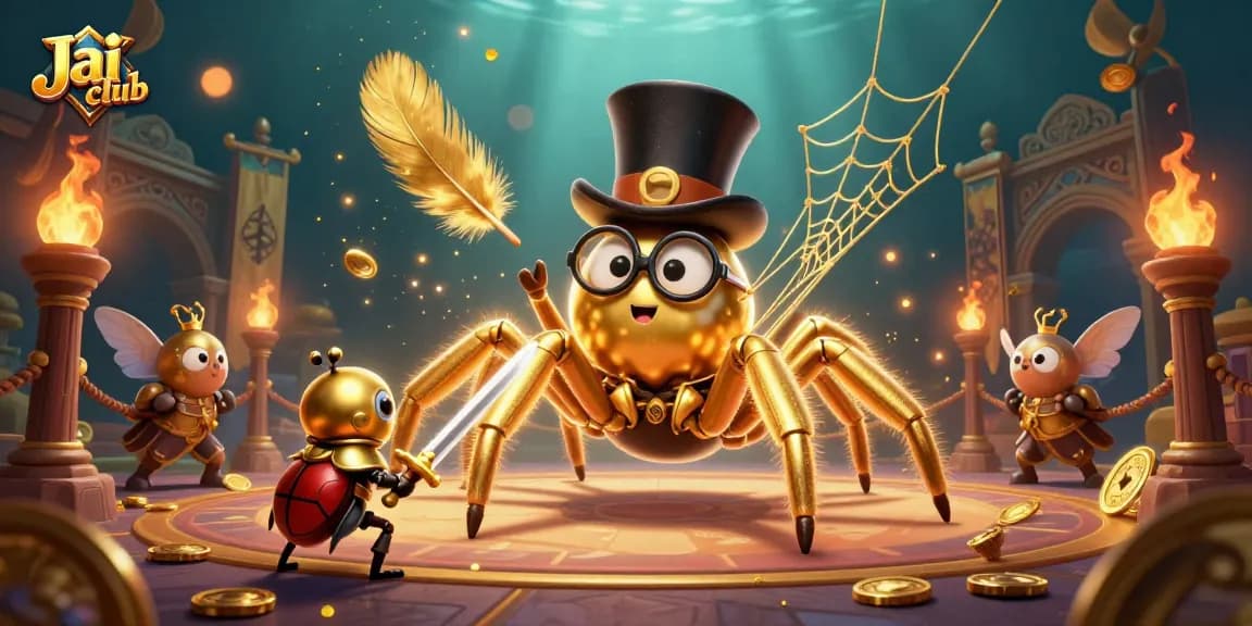 Join the action at Jai club with a brave beetle knight and a golden tarantula amid vibrant casino elements.