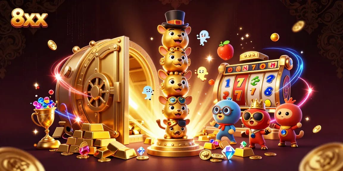 Experience thrilling wins with the dynamic 8xx casino adventure featuring golden treasures and festive characters.