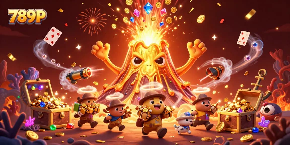 Experience the thrilling eruption of treasures at 789P, where riches explode from a golden volcano in a dynamic gaming scene.