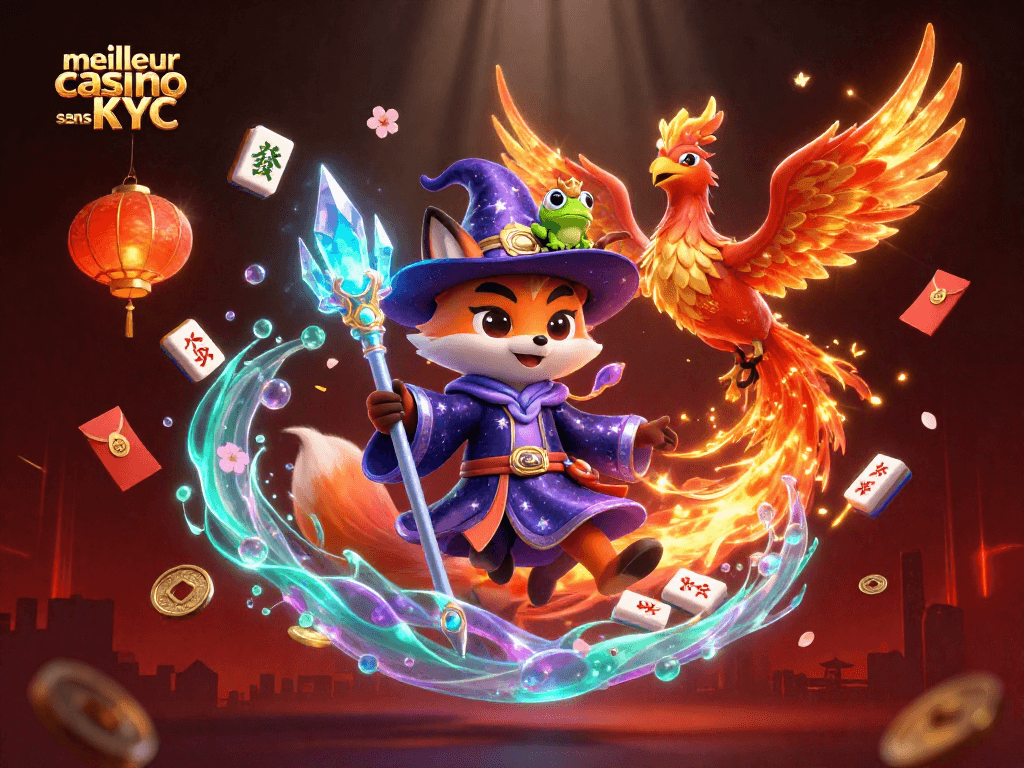 Admirez le meilleur casino sans KYC, un univers magique et ludique avec un renard sorcier et un phénix.