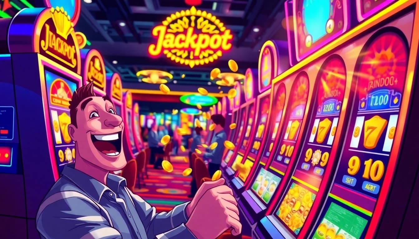 Engaging slot gambling scene showcasing vibrant slot machines and a joyful player winning.