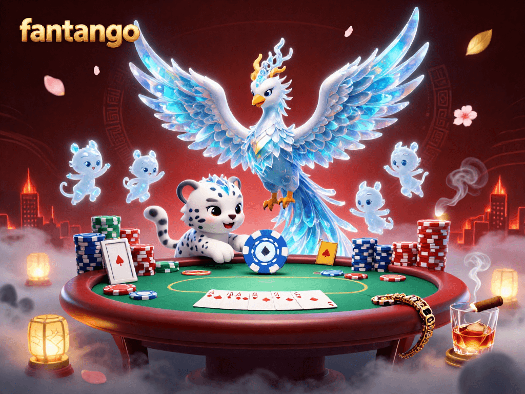 Join the fun with fantango as colorful characters play poker against a vibrant casino backdrop.
