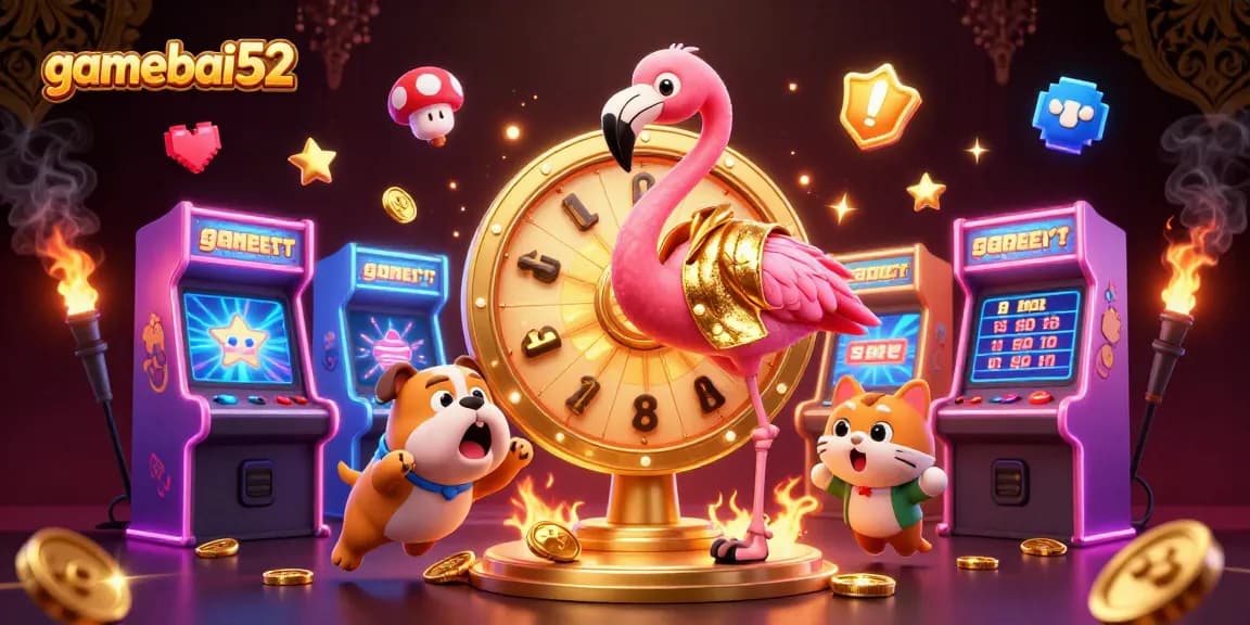 Engage in the excitement of gamebai52 with a vibrant casino scene showcasing game show elements and dynamic prizes.