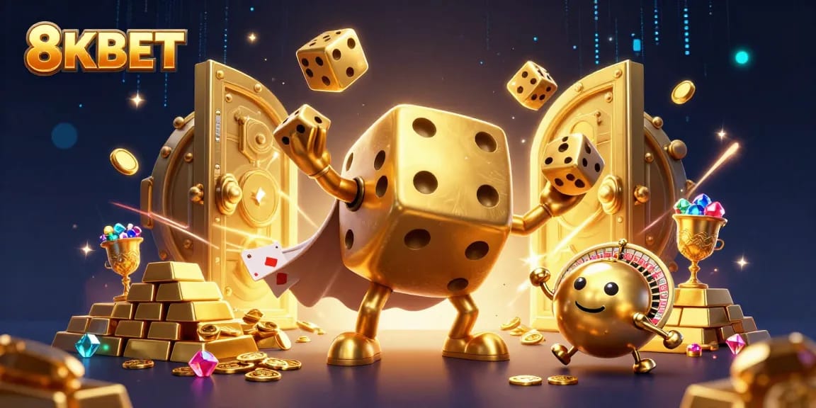 Engage with 8KBET's dynamic casino world featuring golden dice golem and treasures.