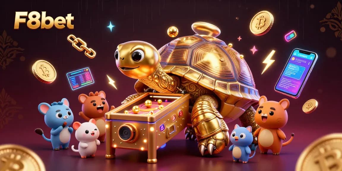 Engage with F8bet's exciting games, showcasing vibrant crypto elements in a lively casino scene.