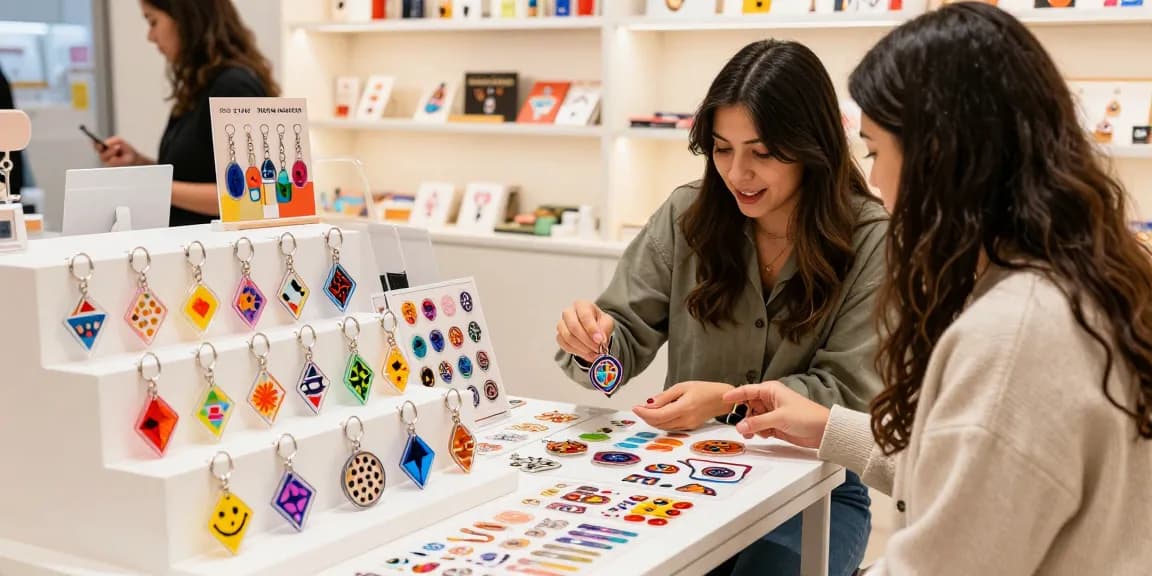 Custom Acrylic Diamond Keychain showcased on a stylish display with a customer engaging in an inviting retail atmosphere.