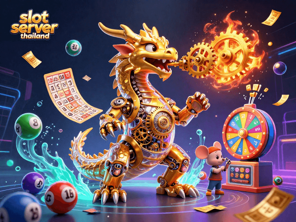 Experience thrilling action with slot server thailand in a vibrant 3D casino illustration filled with dynamic lottery elements.