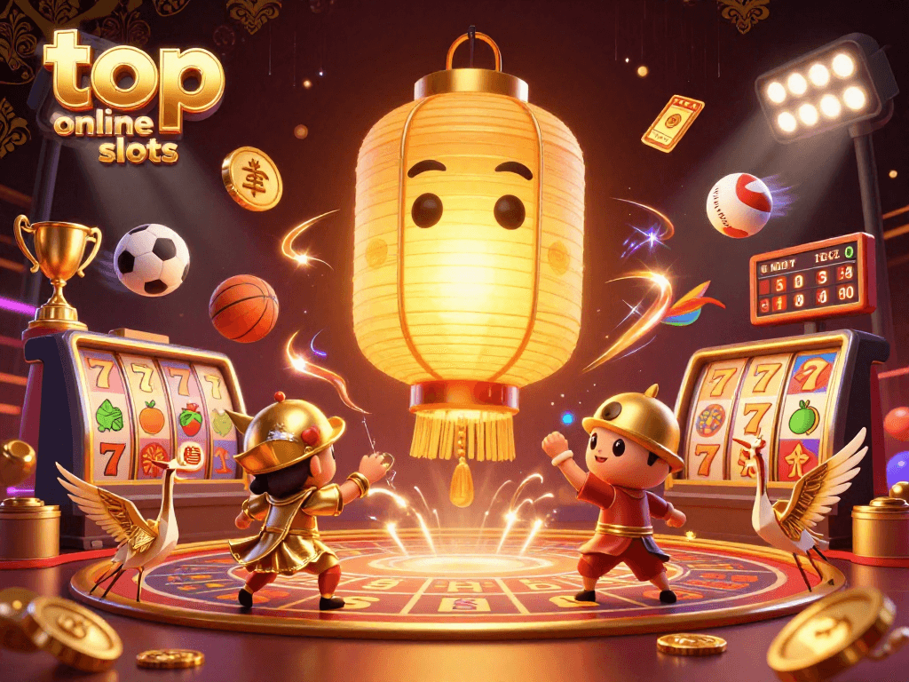 Spin the top online slots with vibrant characters and symbols in an energetic casino scene.