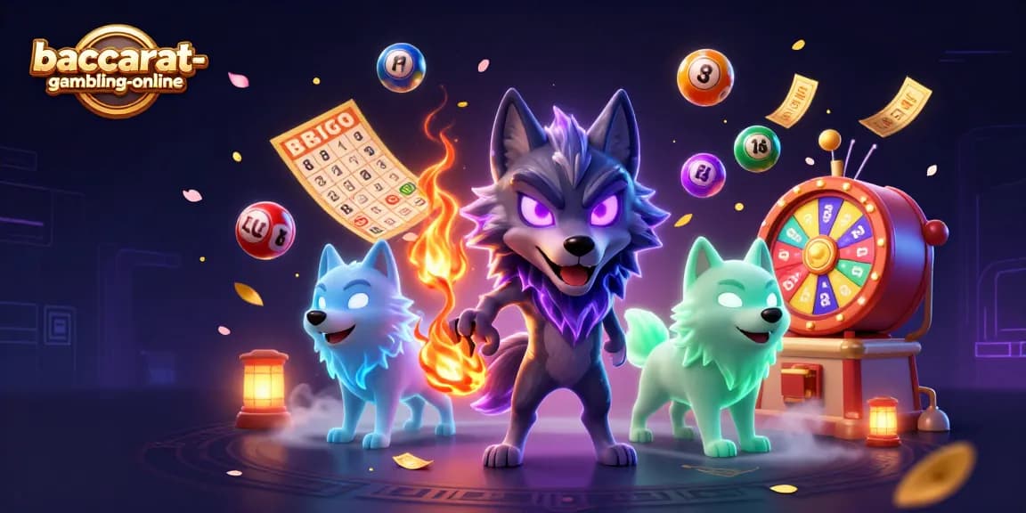 Baccarat-gambling-online showcases a captivating 3D illustration of ghostly wolves and vibrant lottery elements, embodying excitement.