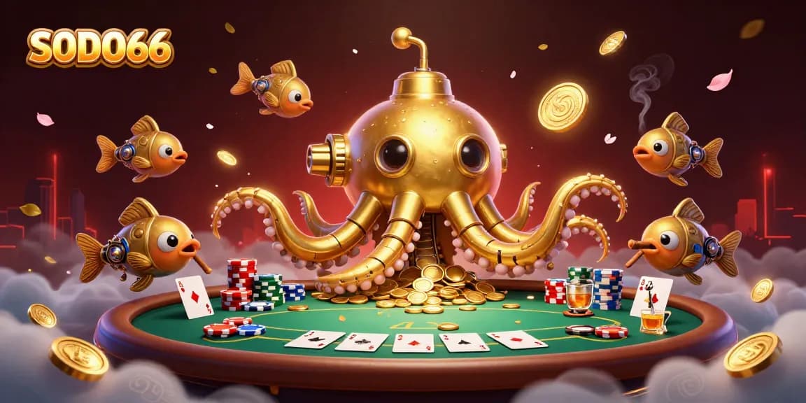 Experience the thrill of SODO66, where the golden kraken submarine and mechanical fish create a vibrant casino atmosphere.