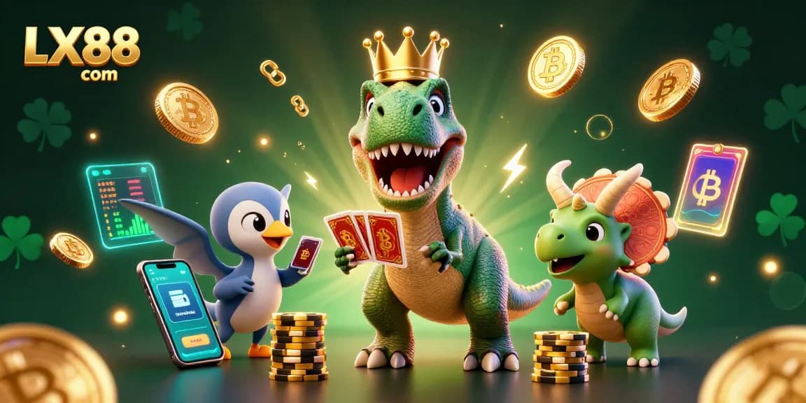 Engage with LX88 com's vibrant casino scene featuring dinosaurs and crypto elements.