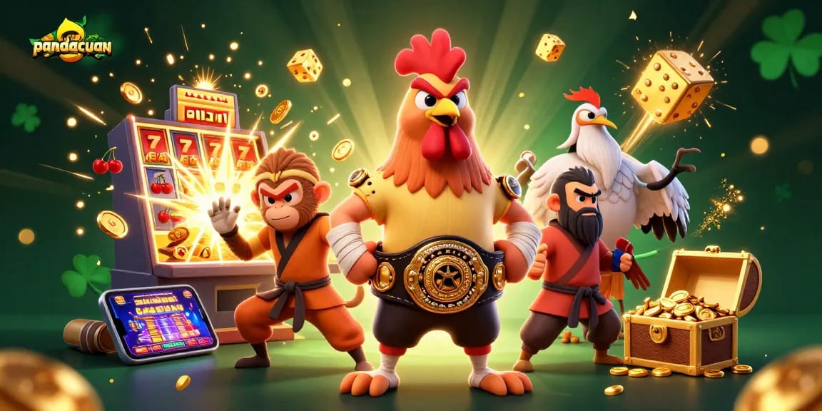 Pandacuan menyajikan ilustrasi menarik tentang slot gacor dan karakter kung fu dalam aksi mendebarkan.