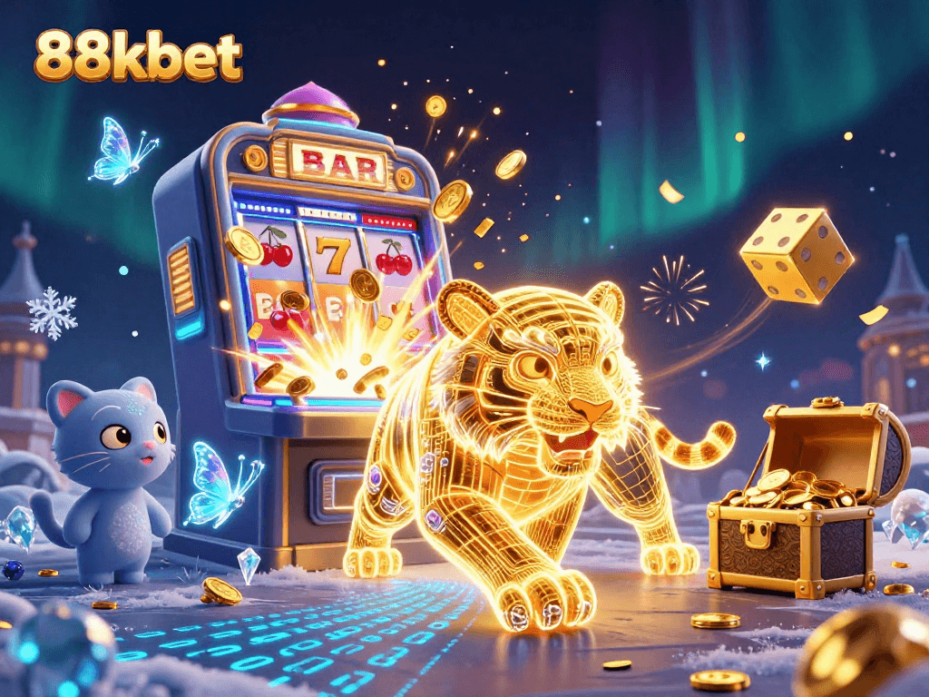 88kbet showcases dynamic gaming with a neon golden tiger and rich casino elements in this vibrant illustration.