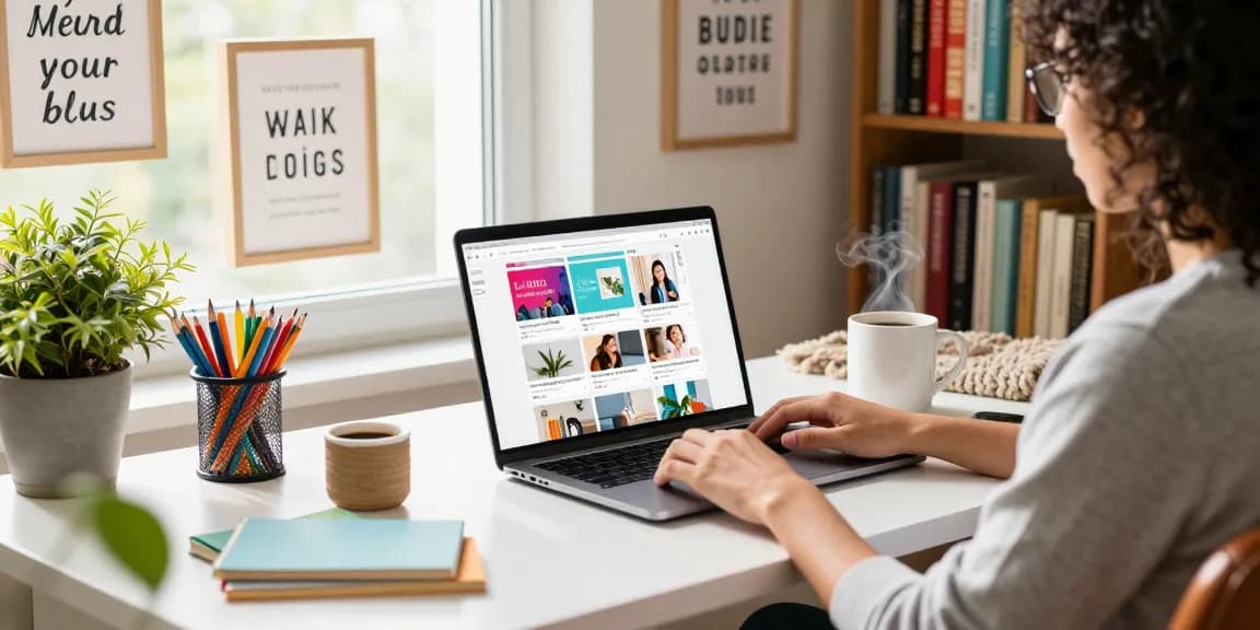 Visit our blog in an inviting home office with vibrant articles and cozy atmosphere.
