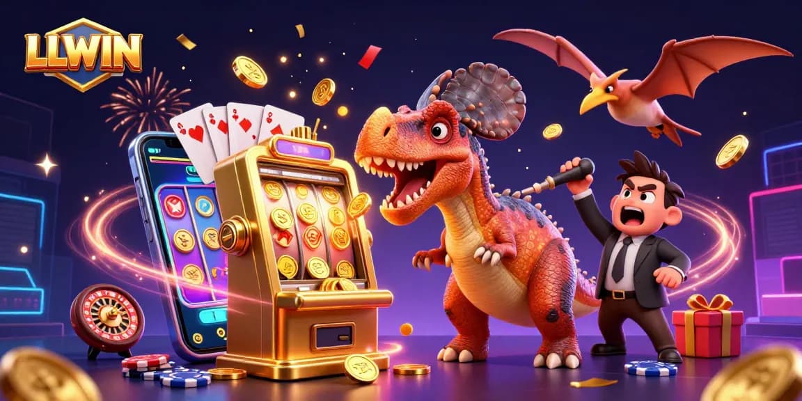 LLWIN jackpot scene with a pachycephalosaurus winning coins at a golden slot machine amidst a colorful casino atmosphere.