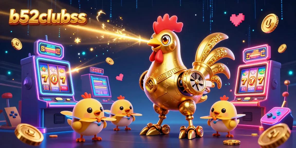 Experience thrilling action at b52clubss with a 3D futuristic golden rooster robot and colorful slot machines.