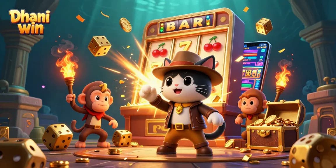 Dhani win offers thrilling gaming experiences with a cartoon cat exploring golden casino treasures.