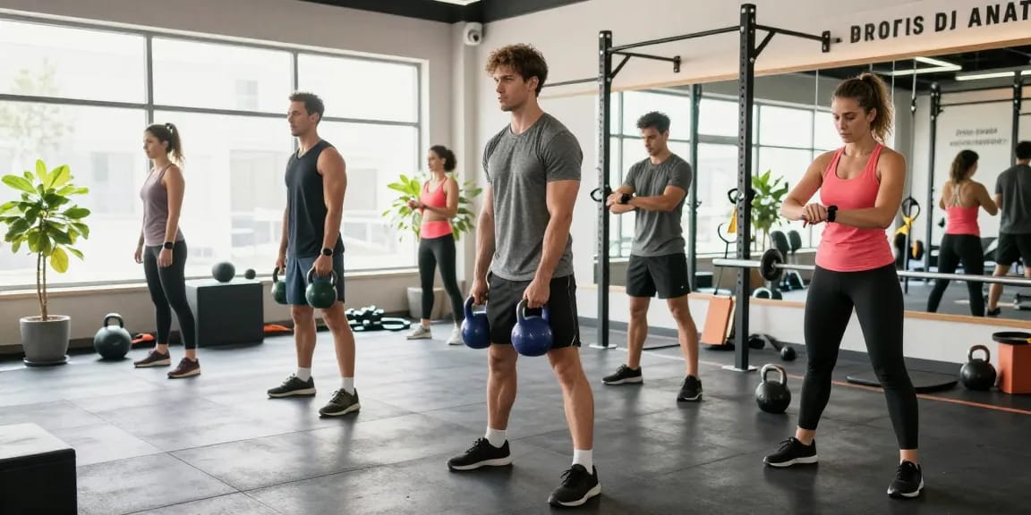 Driada Shop fitness scene showcasing athletes training in a modern gym with weights and vibrant ambiance.