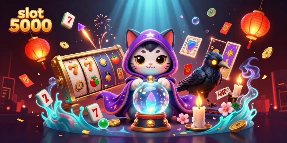 Mainkan slot 5000 dengan karakter ceria dan elemen kasino yang mempesona.