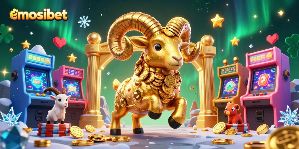 Join the excitement at emosibet with a golden ram charging through a vibrant casino arcade.