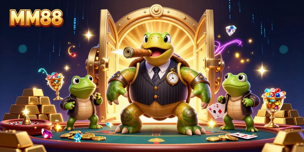 Experience thrilling casino action at MM88 with a cartoon turtle in a mobster suit and froggy enforcers.