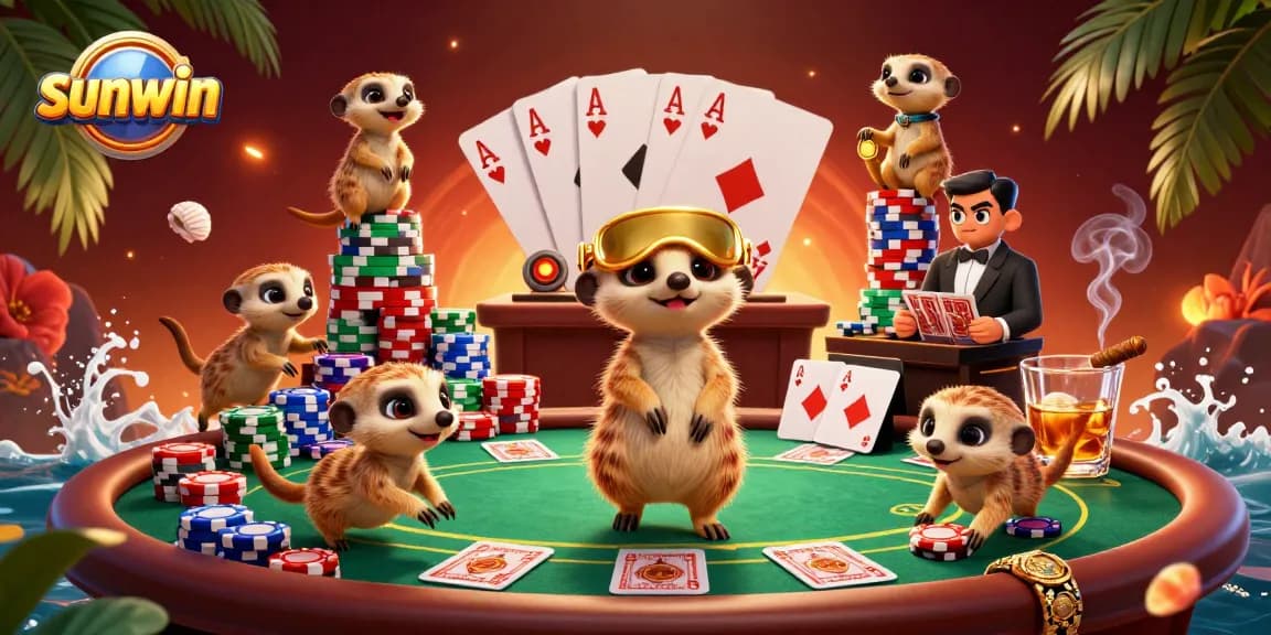 Engage in exciting poker action with sunwin at a lively meerkat casino scene.