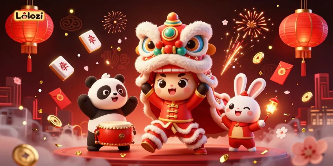 Lolozi draws players into a lively casino celebration with a lion dance surrounded by festive decorations.