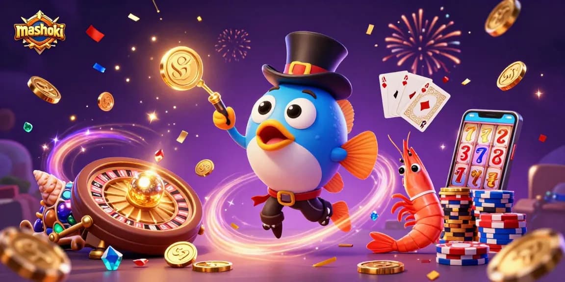Spin and win with mashoki's glowing anglerfish and treasure-filled characters in an exciting casino scene.