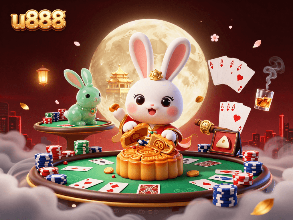 Experience the excitement at u888 with a lunar-themed 3D illustration featuring poker chips and casino elements.