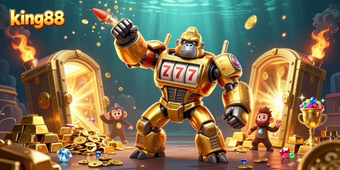 Experience thrilling wins at king88 with a dynamic casino-themed 3D illustration bursting with treasures.
