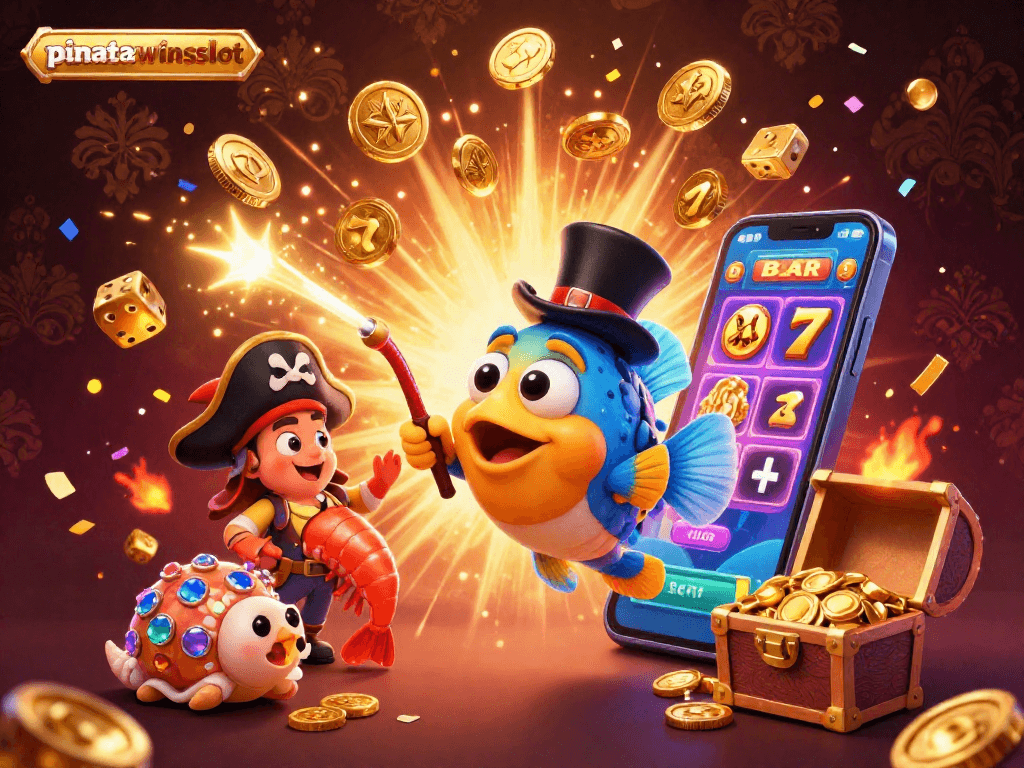 Experience the excitement of pinatawinsslot as glowing coins and characters burst from a colorful 3D slot machine.