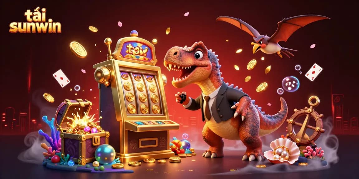 Tải sunwin visuals highlight a cartoon pachycephalosaurus winning jackpots at a casino.