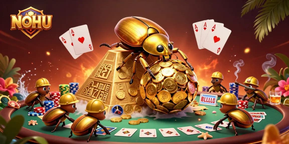 Experience NOHU's vibrant casino excitement with golden beetles rolling coins and lively poker scenes.