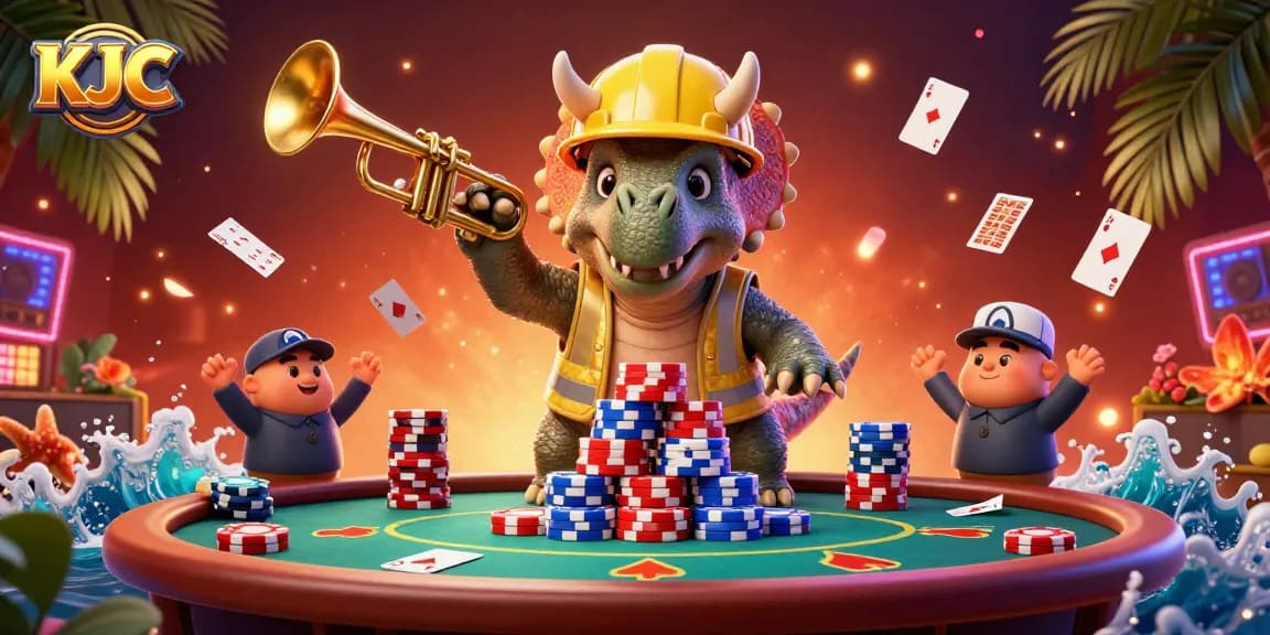 KJC engages players in a lively casino scene with poker elements and colorful characters celebrating wins.