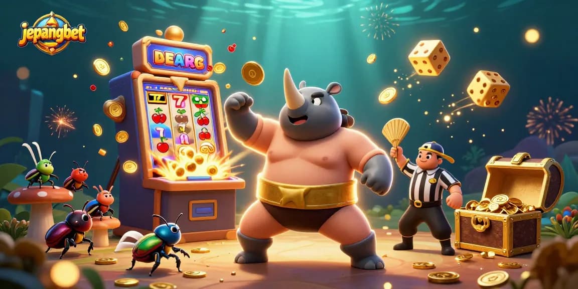 Experience excitement with Jepangbet as a rhinoceros beetle sumo champion stomps coins amidst a dynamic casino scene.