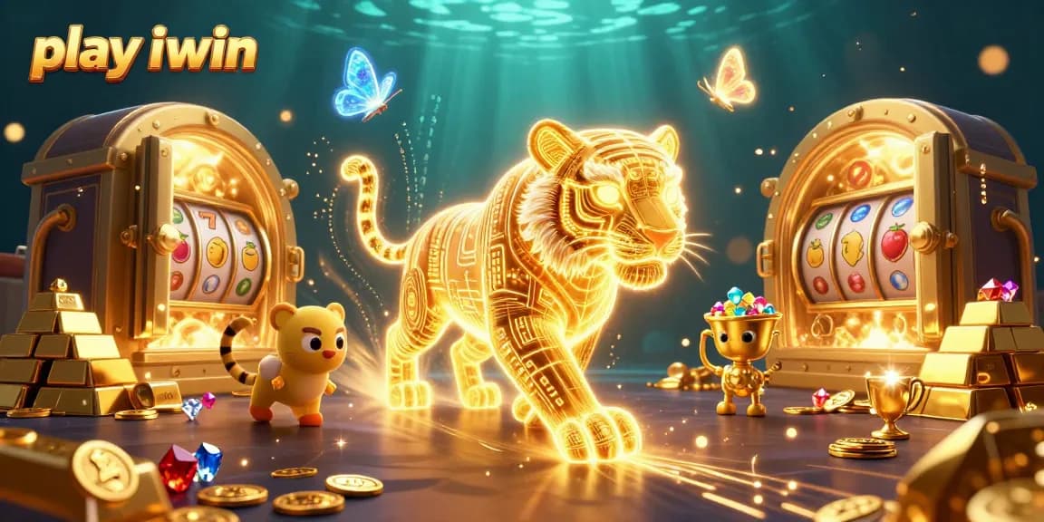 Engage in fun to play iwin with vibrant 3D casino scene filled with golden treasures and slot elements.