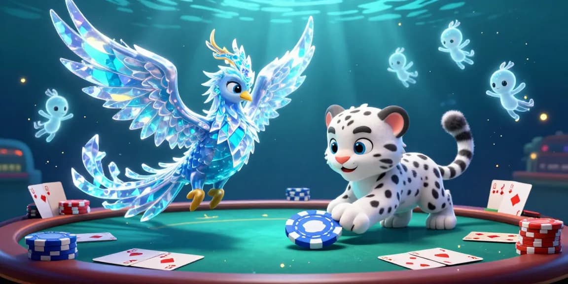 Engage with choigamebai in this vibrant casino scene featuring an ice phoenix, chip stacks, and poker elements.