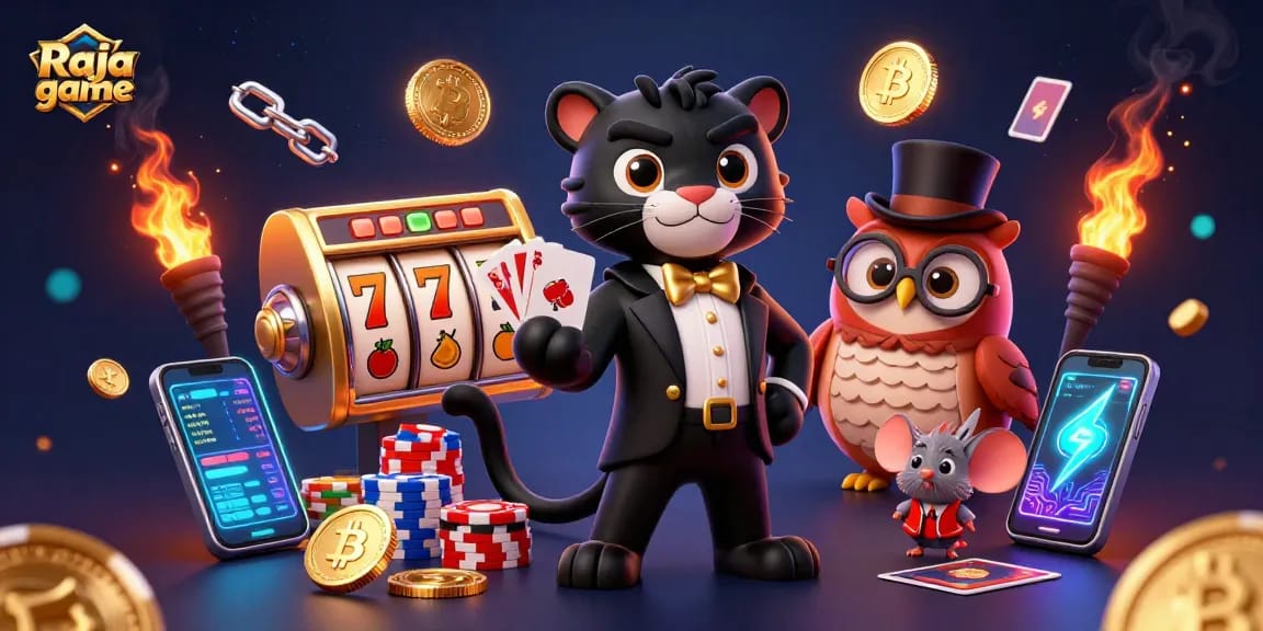 Raja game illustration featuring a stylish cartoon panther, owl, and mouse playing casino-themed games.