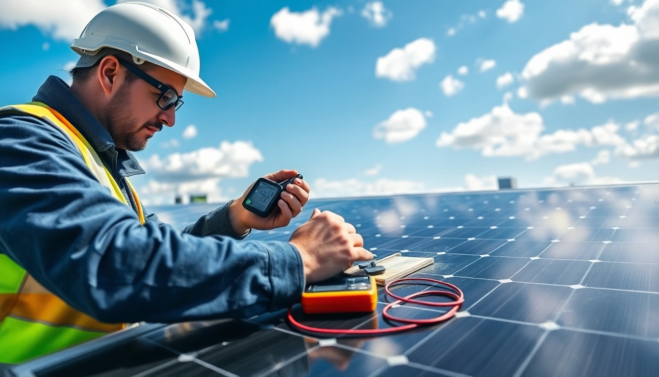 Technician diligently engaging in solar panel repair on rooftop with tools in hand.