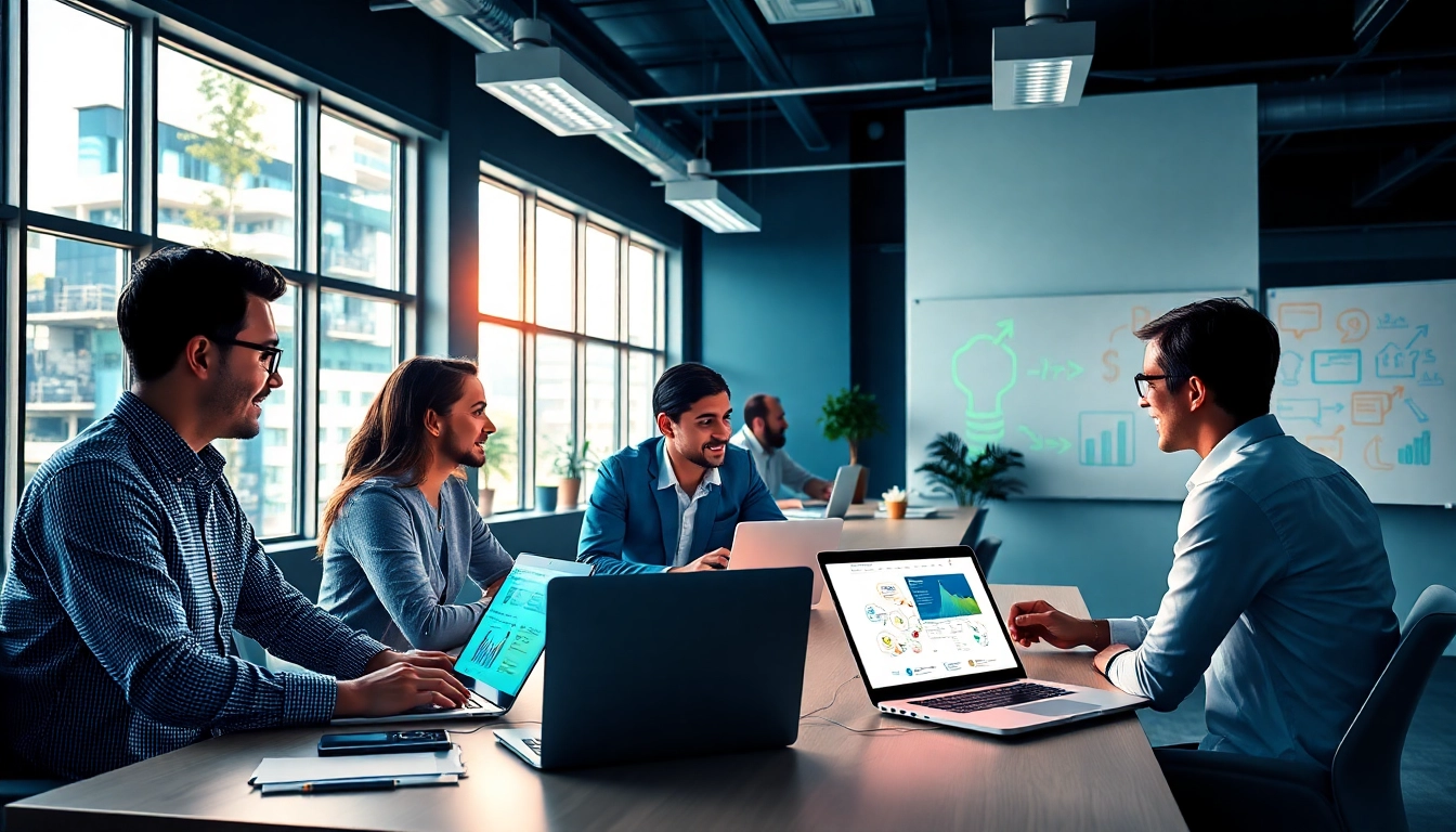A dynamic team at a social media agency strategizing in a vibrant office environment.