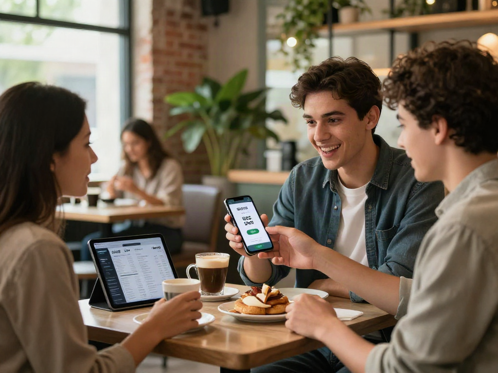 Young professionals making a transaction with slot qris 5000 in a lively café.