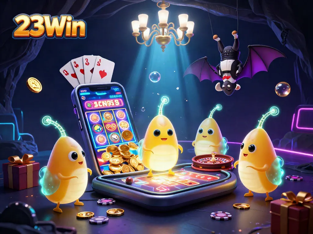 Engage with 23Win's vibrant cave casino filled with glowworms and gaming excitement.