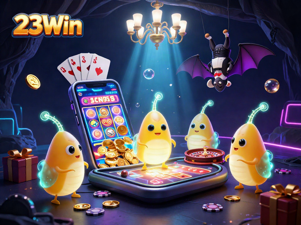 Engage with 23Win's vibrant cave casino filled with glowworms and gaming excitement.