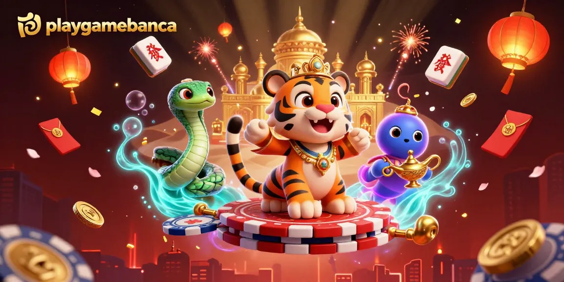 Engage with the magic of playgamebanca in this vibrant 3D casino illustration featuring dynamic characters.