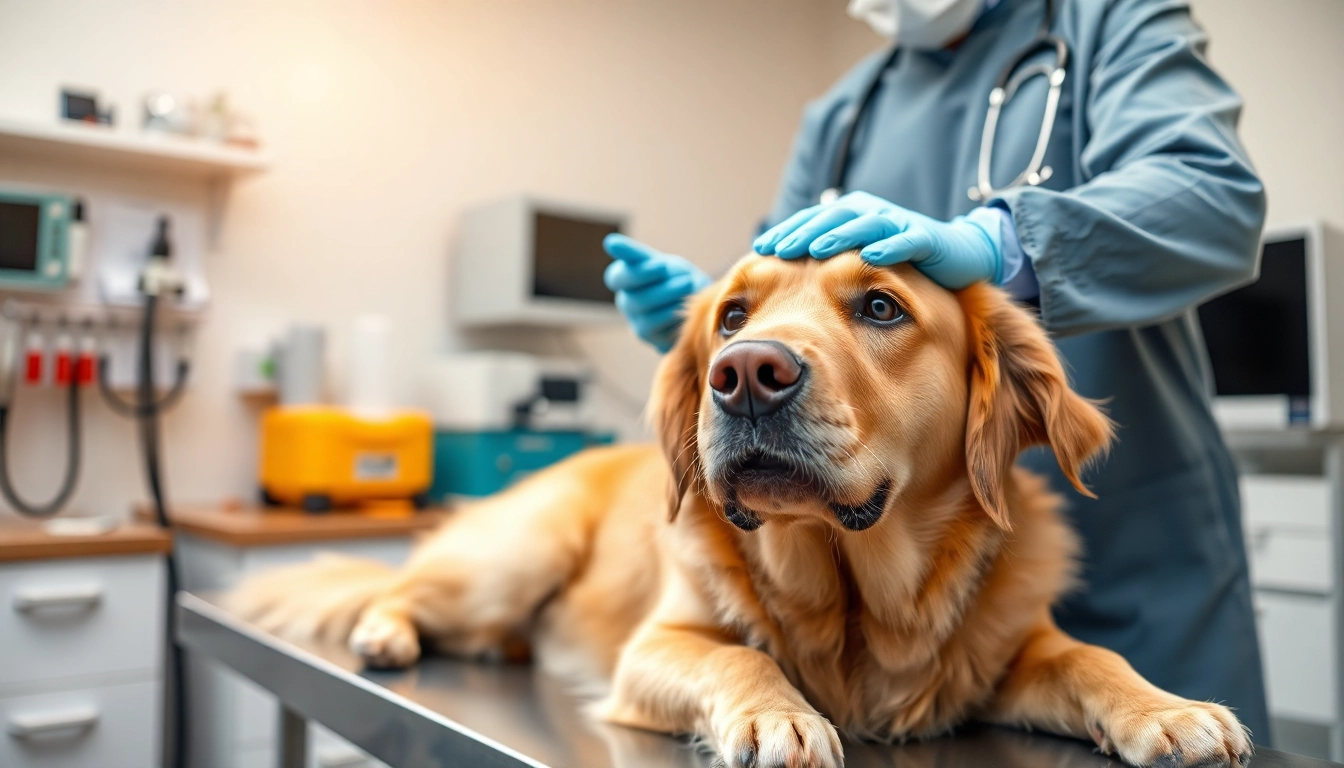 Applying DMSO for dogs in a veterinarian setting with a calm golden retriever.